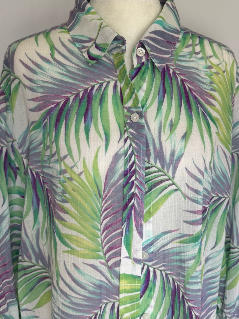 Tommy Bahama Green & Purple Tropical Leaf Button-Down Blouse XL